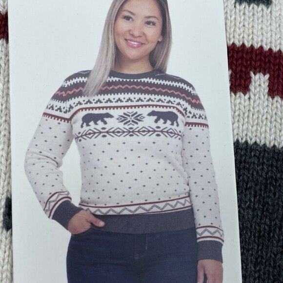 Lands End Womens Bear Fair Isle Sweater Size L Cream/Gray New a0785 - Picture 2 of 8